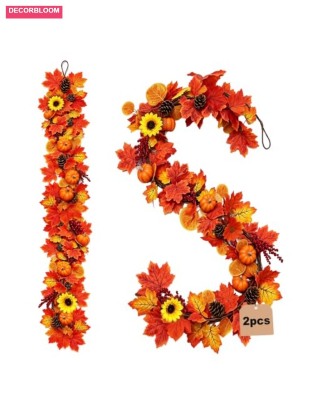 2 Pack 6ft Fall Garlands Maple Pumpkin Berry Pinecone Sunflower PE Decor - Picture 2 of 6